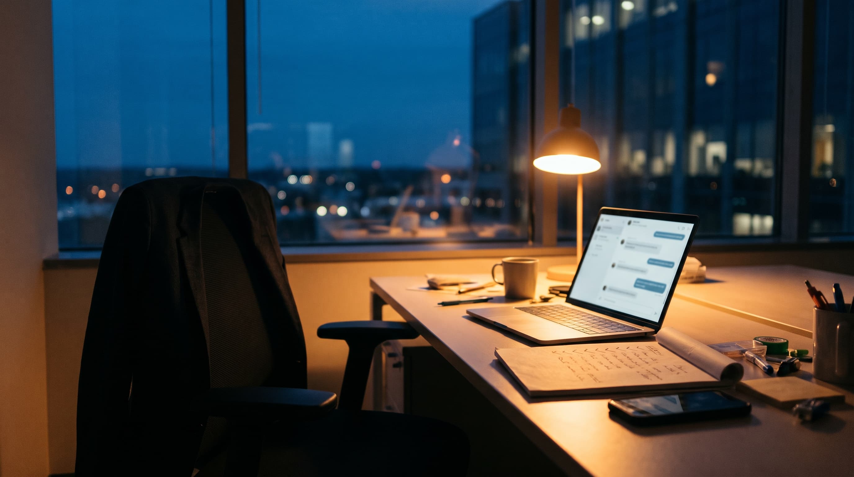 Bureau vide le soir avec un ordinateur ouvert sur un assistant IA et une liste de tâches cochées à côté